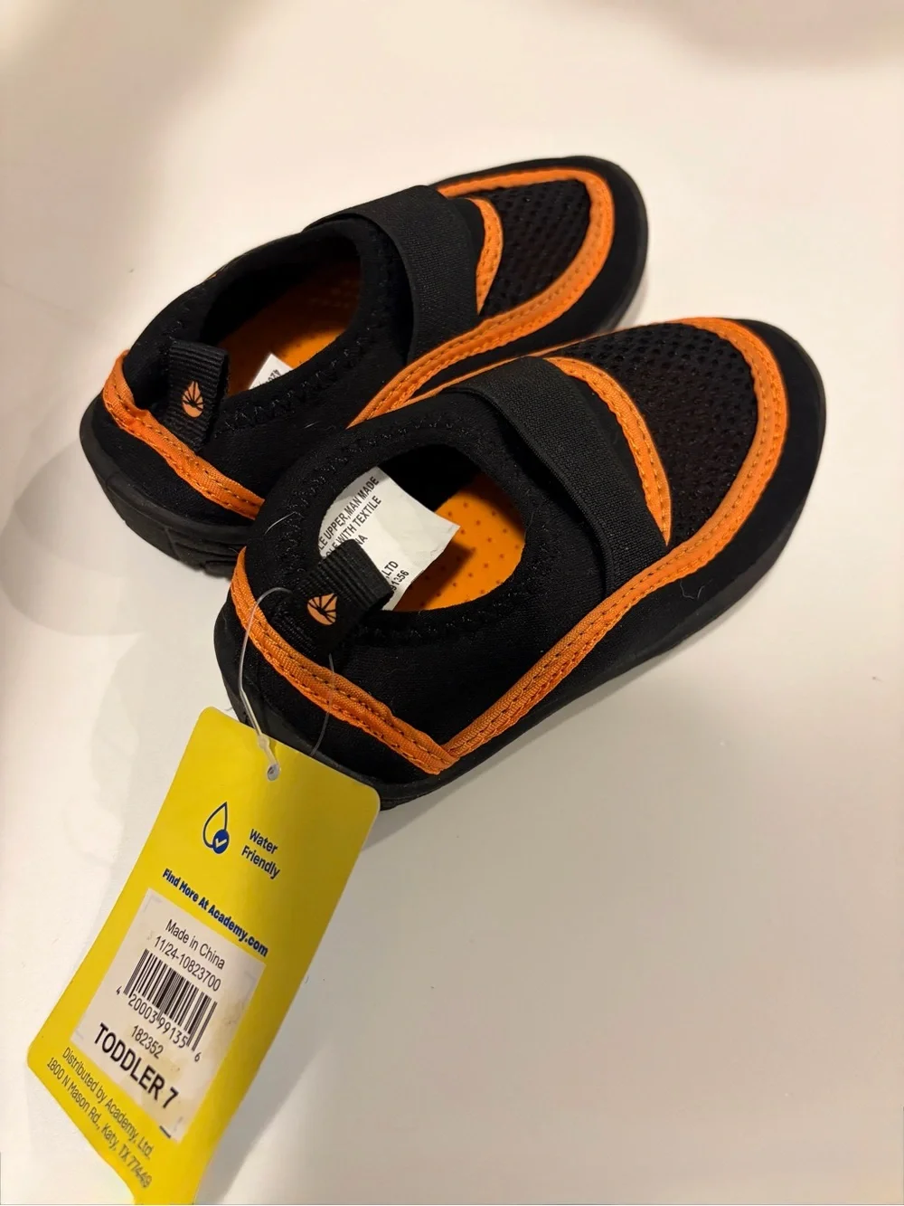 Kids Black Water Shoes with Orange Trim and Hook-and-Loop Strap